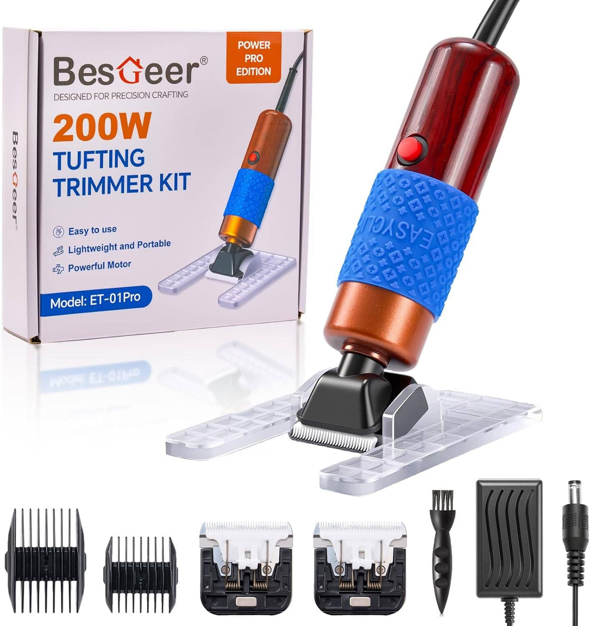 Carpet tufting trimmer kit with red motor, blue grip band, and clear base tool head