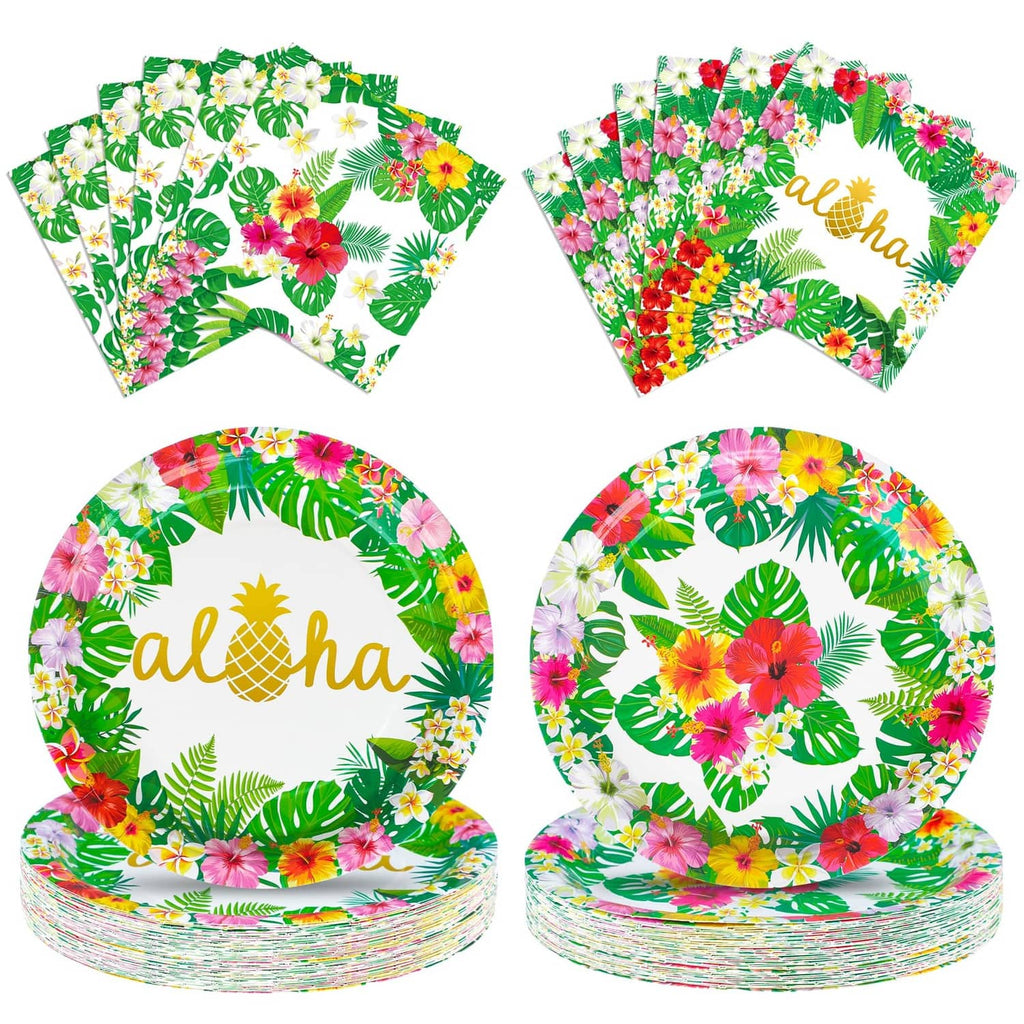 Tropical luau paper napkins and plates set, green with 'aloha' and hibiscus leaves