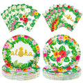 Tropical luau paper napkins and plates set, green with 'aloha' and hibiscus leaves