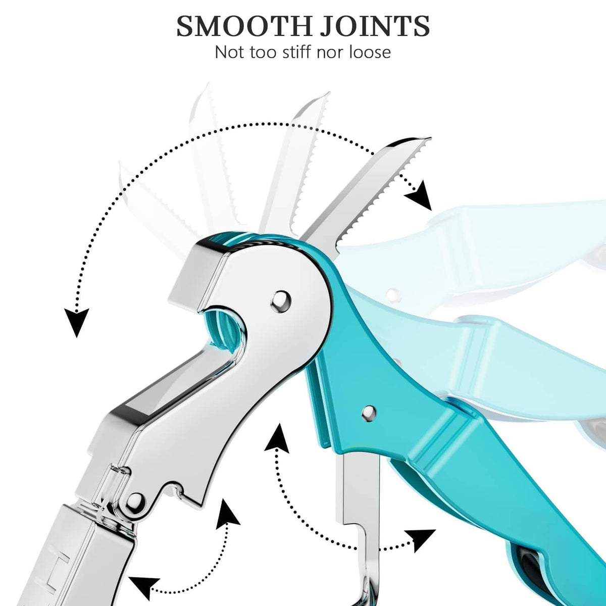 Teal and silver waiter corkscrew with smooth joints and cork-pull spiral, lever design.