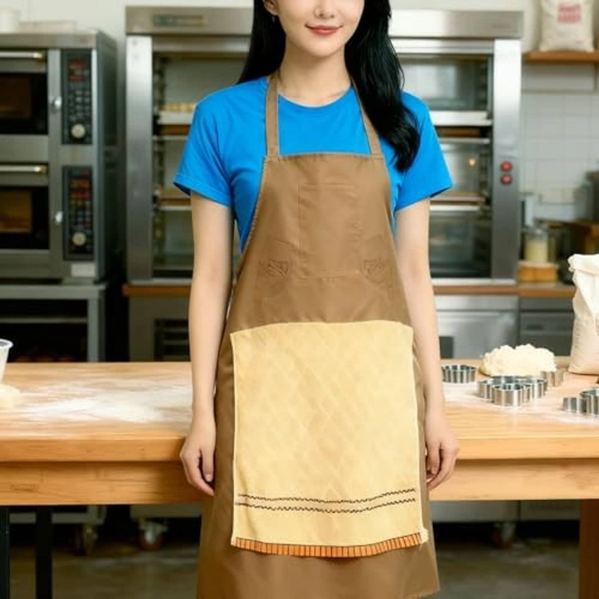 Brown apron with tan middle panel and front pocket, stitched zigzag hem