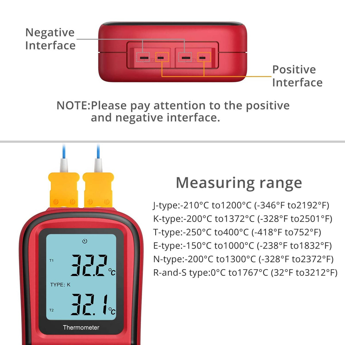 Red handheld dual-channel digital thermometer with dual display and two K-type thermocouple leads