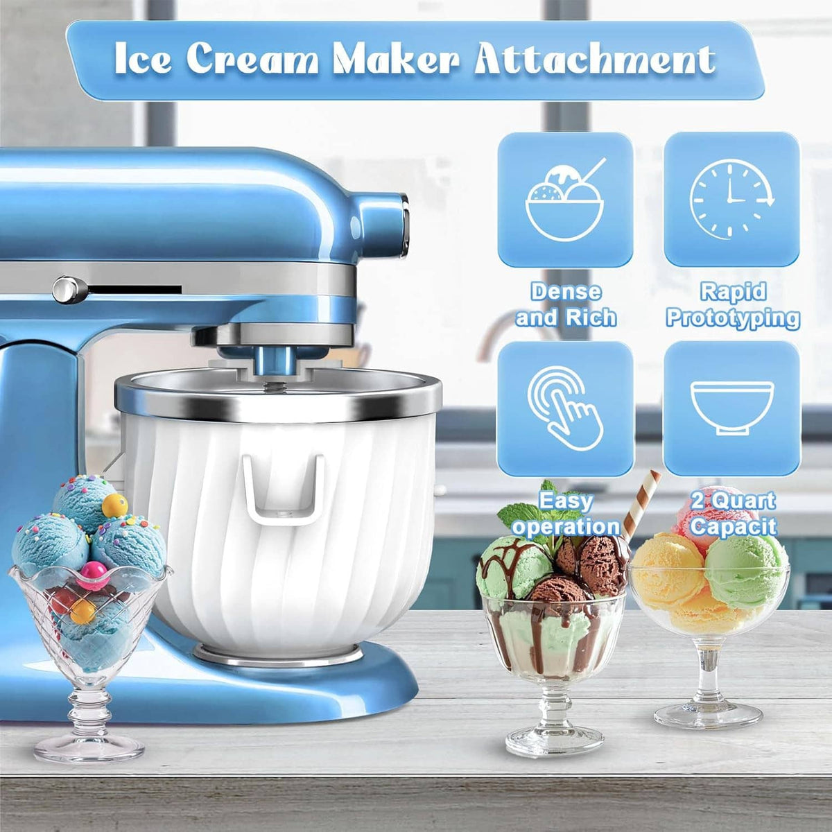 Ice cream maker attachment on stand mixer, blue housing and stainless mixing bowl