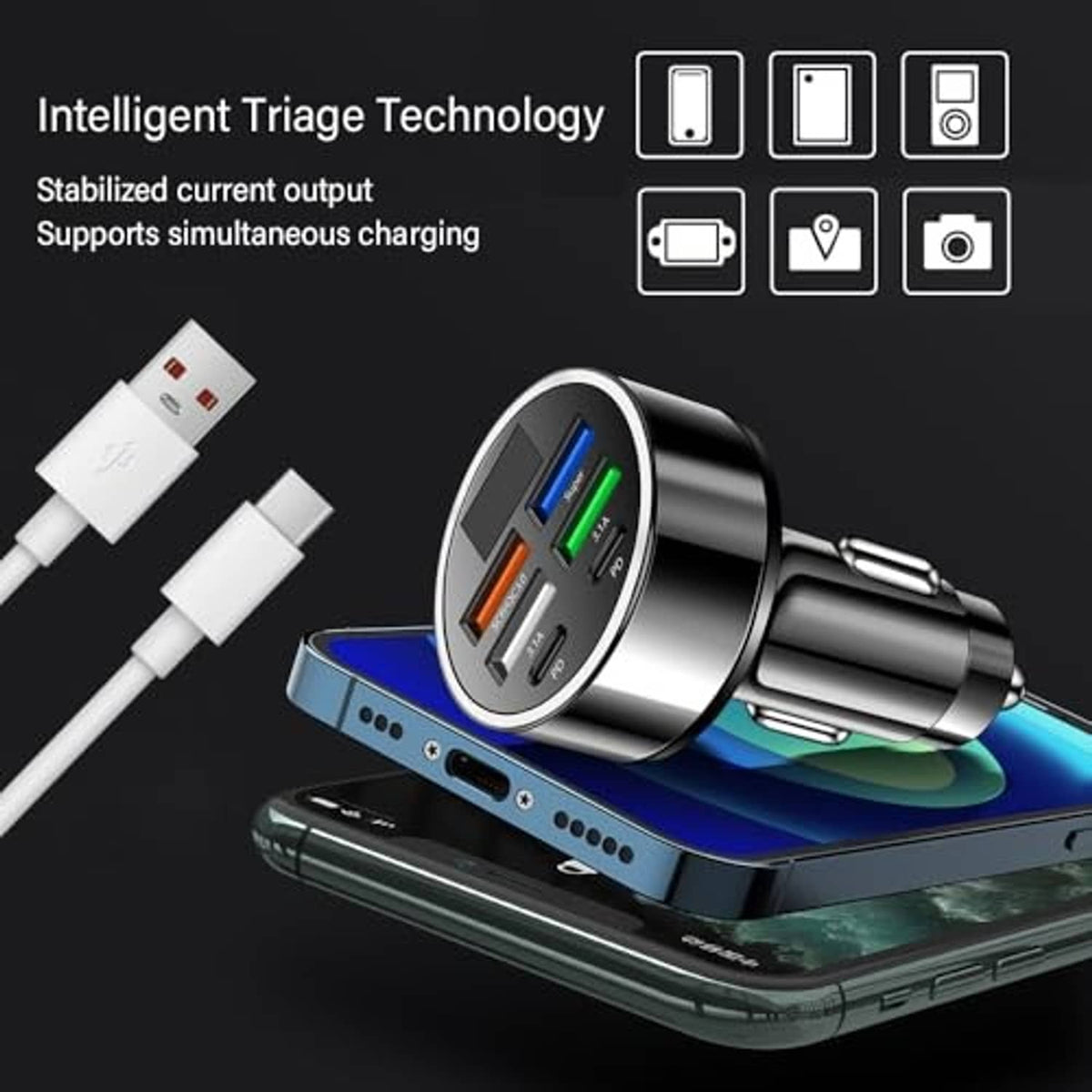 6-port car charger with blue LED screen, metal plug, and multiple USB outputs
