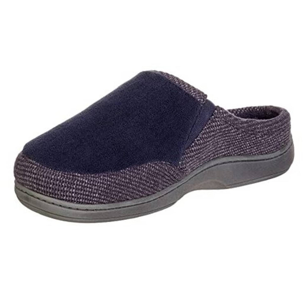 Men's navy slip-on slipper with textured knit upper and cushioned sole