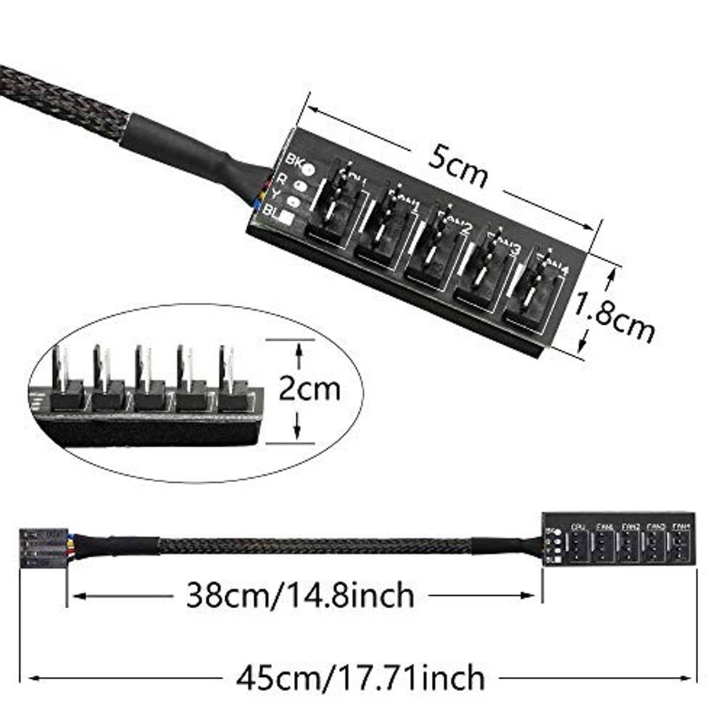 Black 4-pin PWM fan hub splitter cable with compact PCB and several fan header sockets