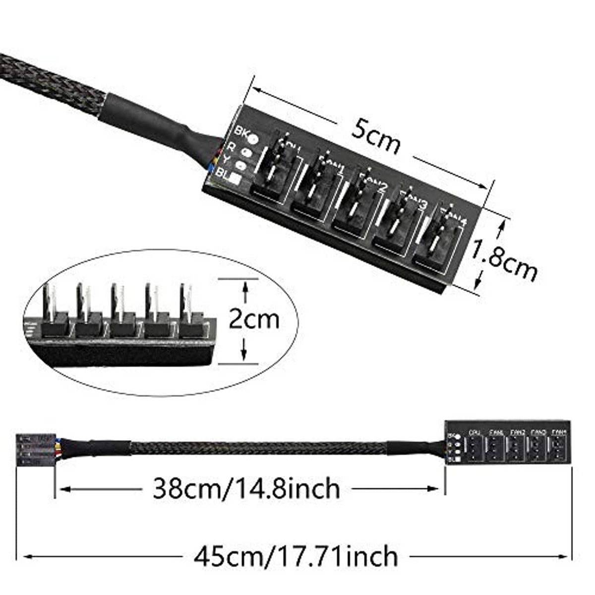 Black 4-pin PWM fan hub splitter cable with compact PCB and several fan header sockets