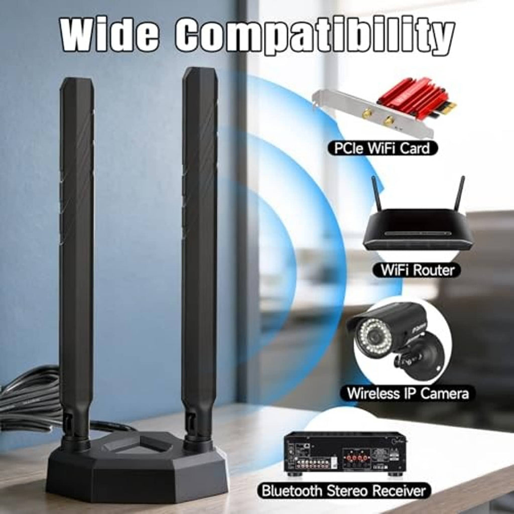 Dual WiFi antennas standing on magnetic base with black coiled cable