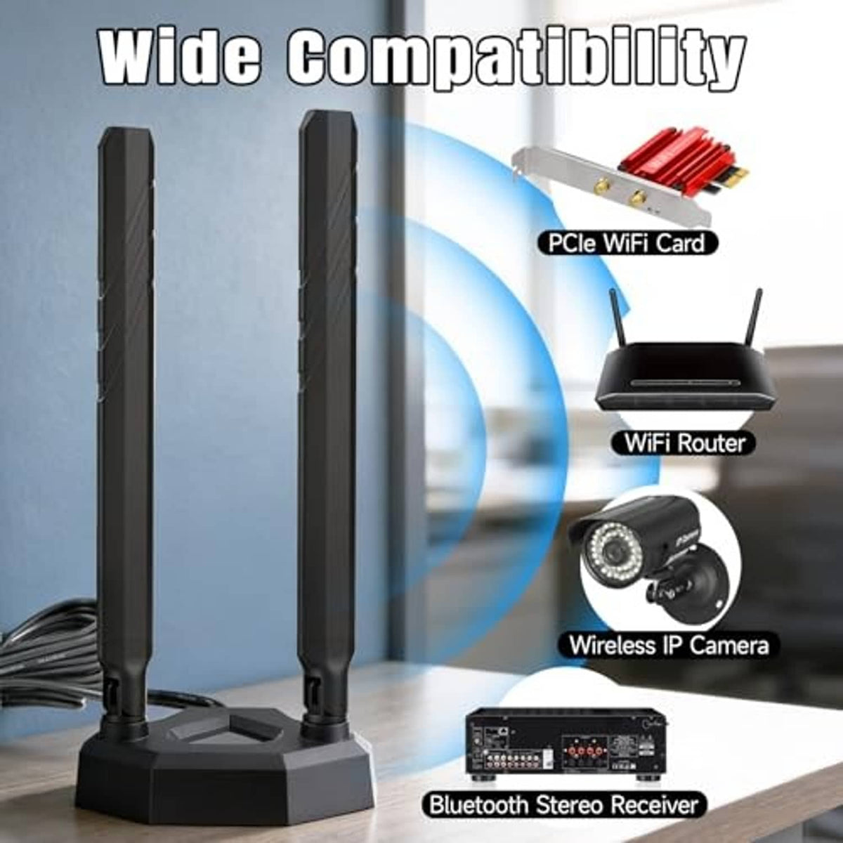 Dual WiFi antennas standing on magnetic base with black coiled cable