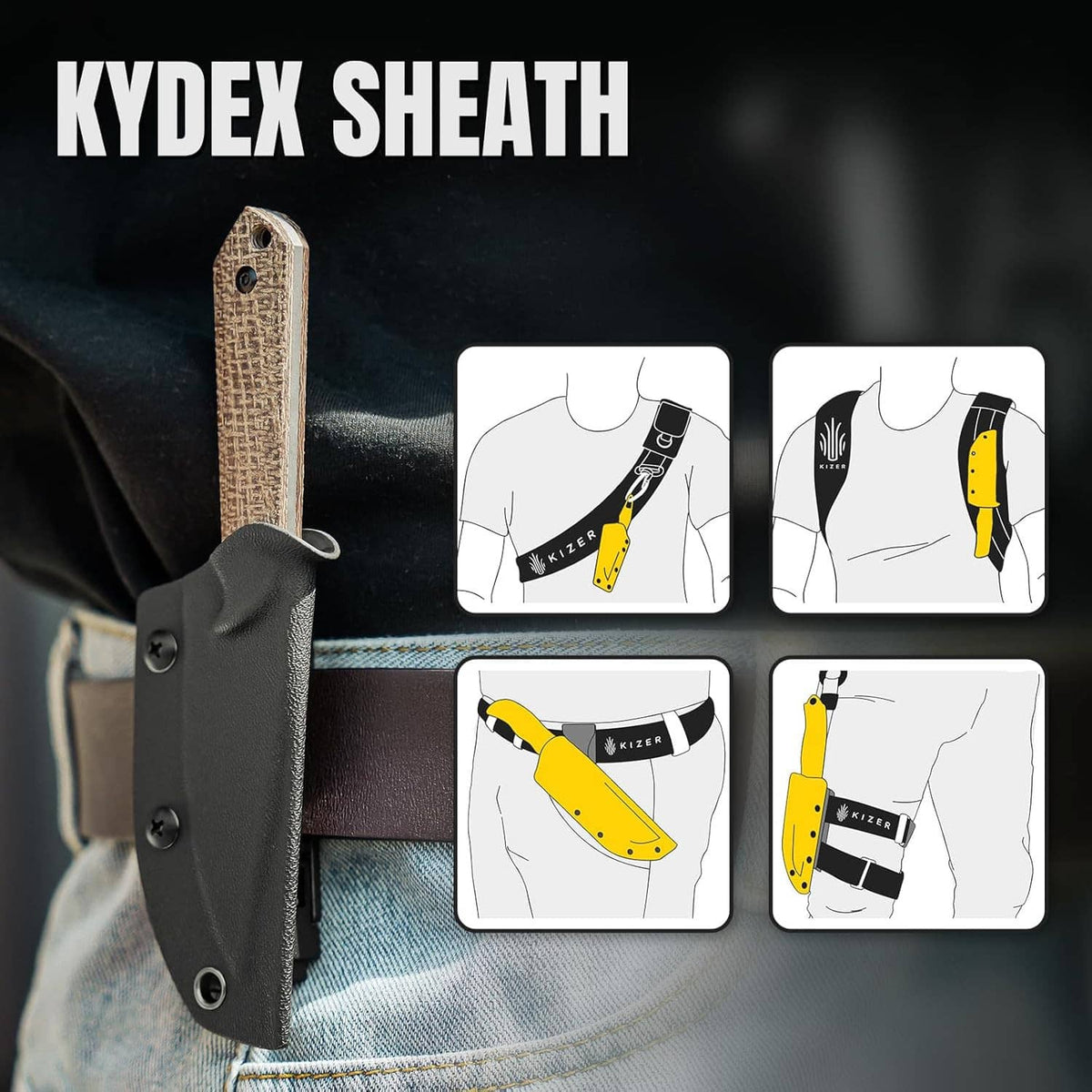 Black kydex knife sheath with tan micarta back panel and belt mounting holes