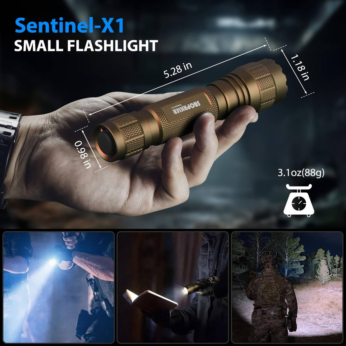 Bronze tactical flashlight in hand with textured grip and front lens