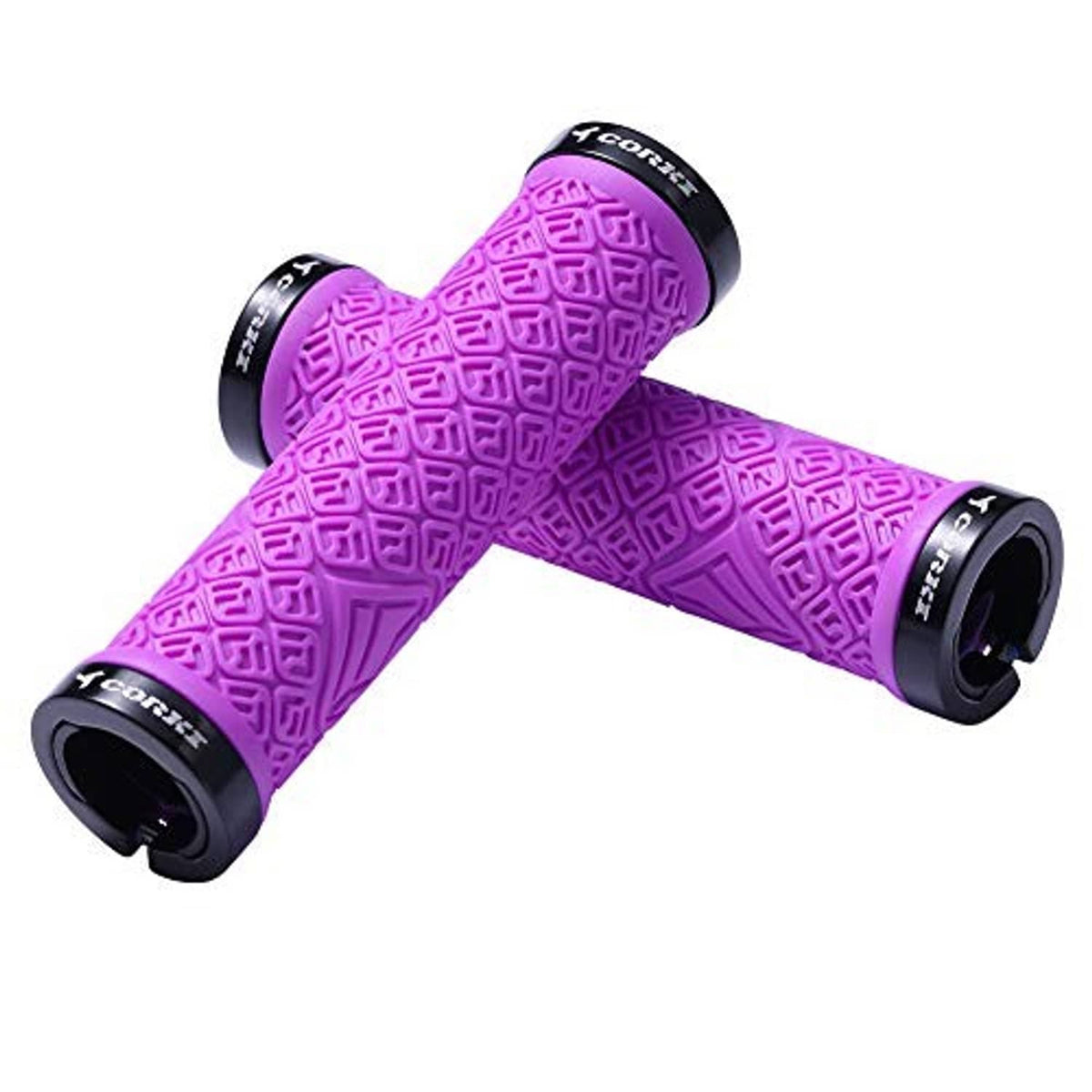 Purple bicycle handlebar grips with repeating texture and black locking end rings