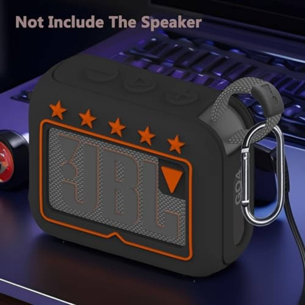 Black silicone speaker cover case with orange trim and JBL letters, carabiner loop.