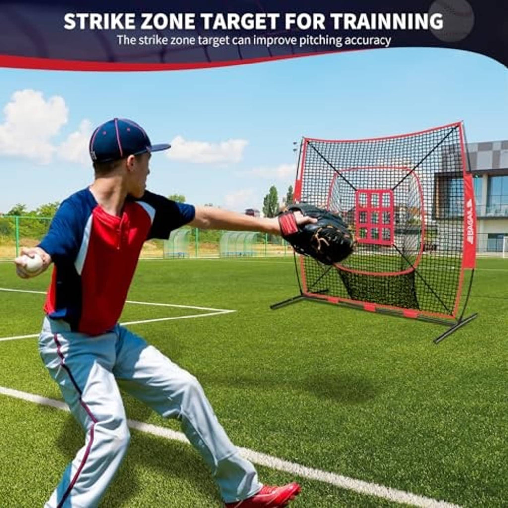 Baseball training strike zone net with a player aiming a throw at the target