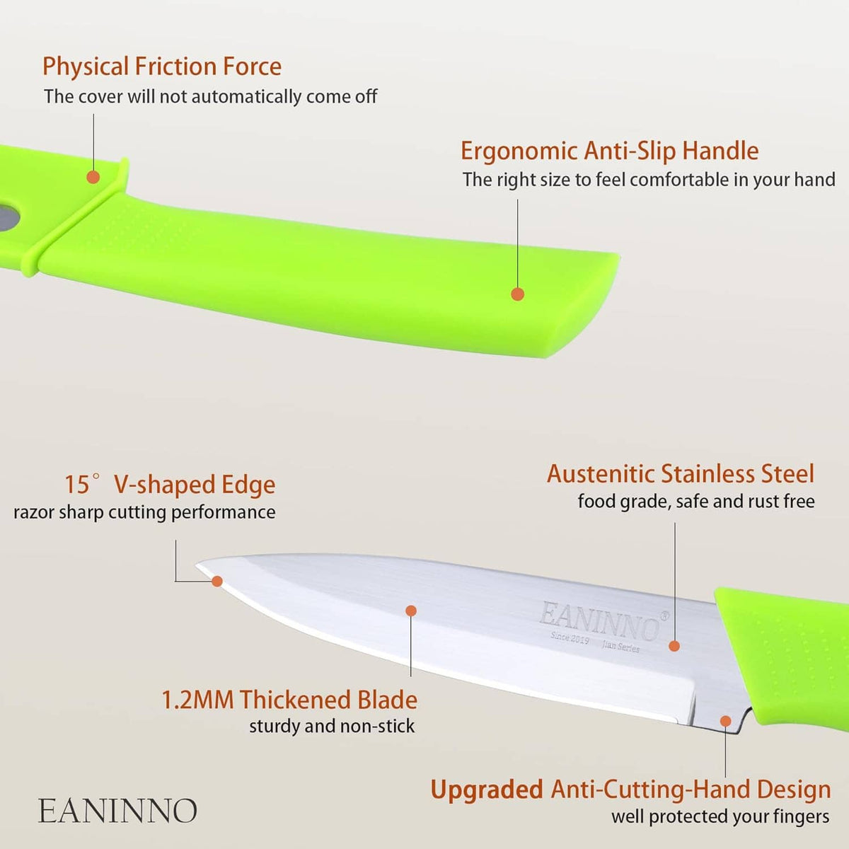 Green paring knife with protective cover and white blade