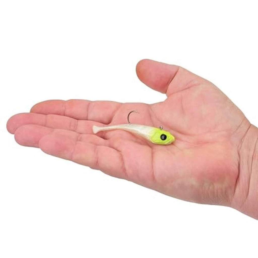 Neon chartreuse-head soft plastic swim bait lure with translucent body and paddle tail