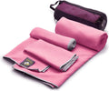 Pink microfiber towel set with rolled towels and matching storage bag