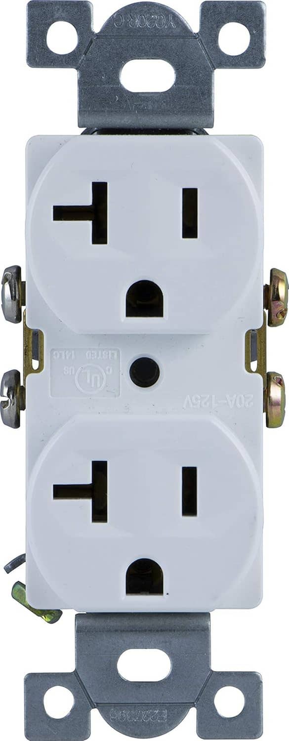 GE Ultrapro white duplex wall receptacle with tamper-resistant shutters and grounding