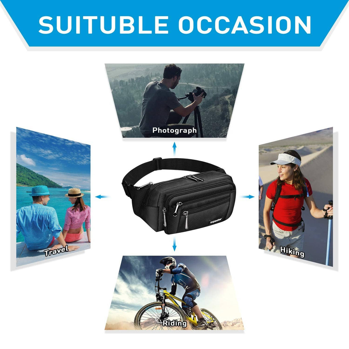 Black waist pack bag with adjustable belt, designed for travel and outdoor carry