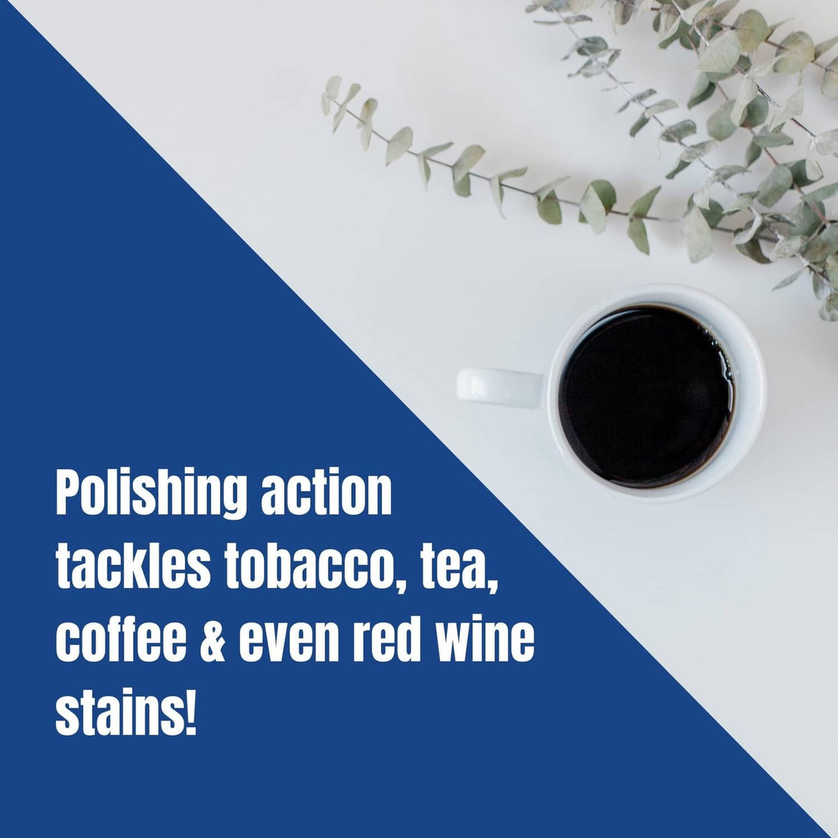 Toothpowder polishing action graphic with cup of dark liquid