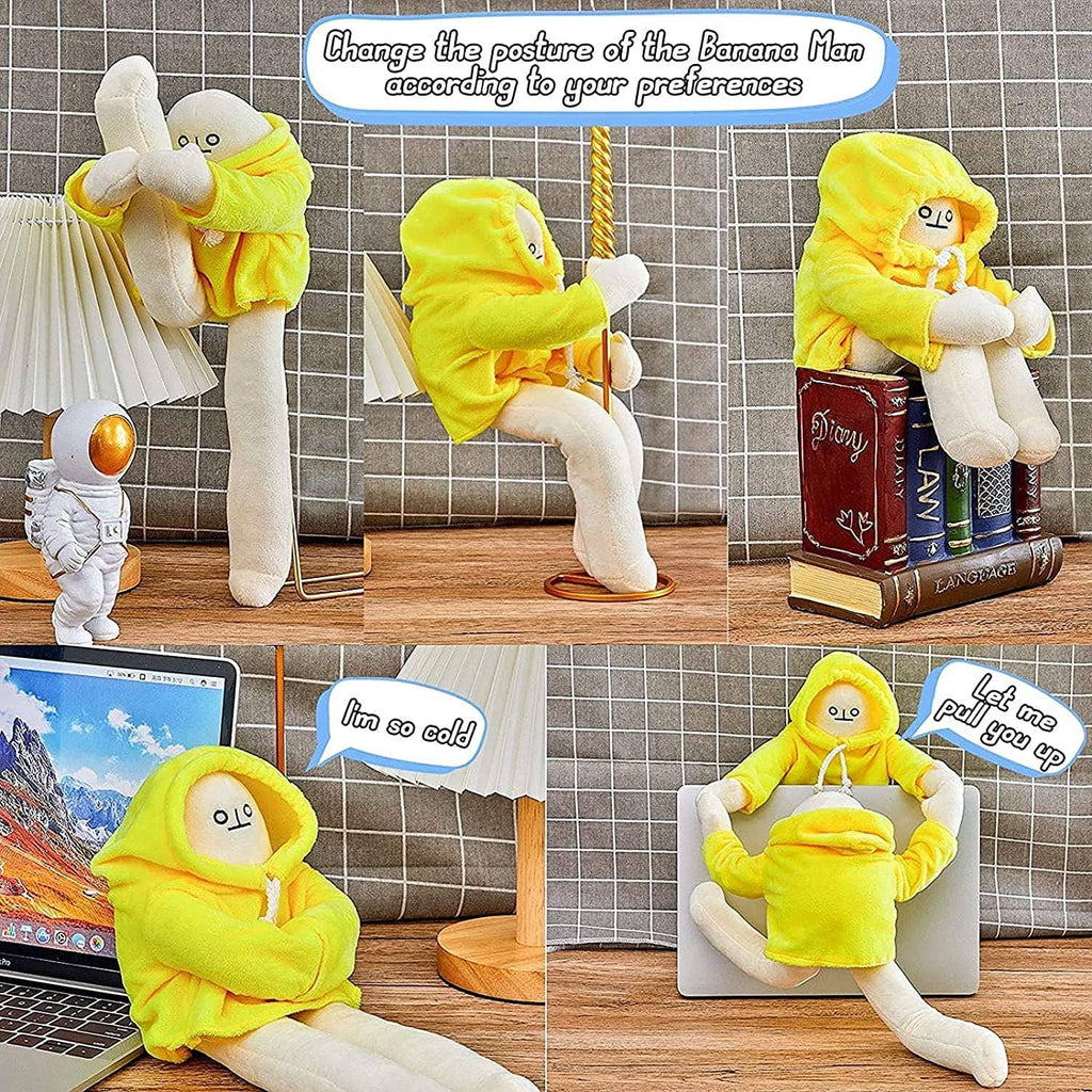 Yellow hooded banana man plush sitting with long white legs