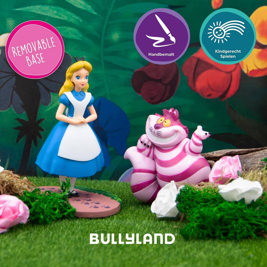 Bullyland Alice cake topper figure with blue dress and white apron standing on round base