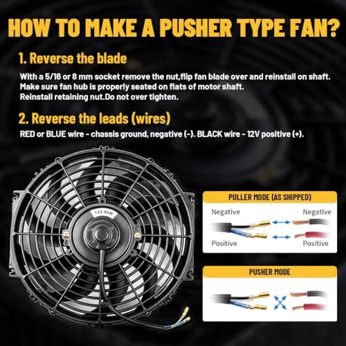 Electric pusher-type radiator cooling fan with grille, wiring, and mode connectors