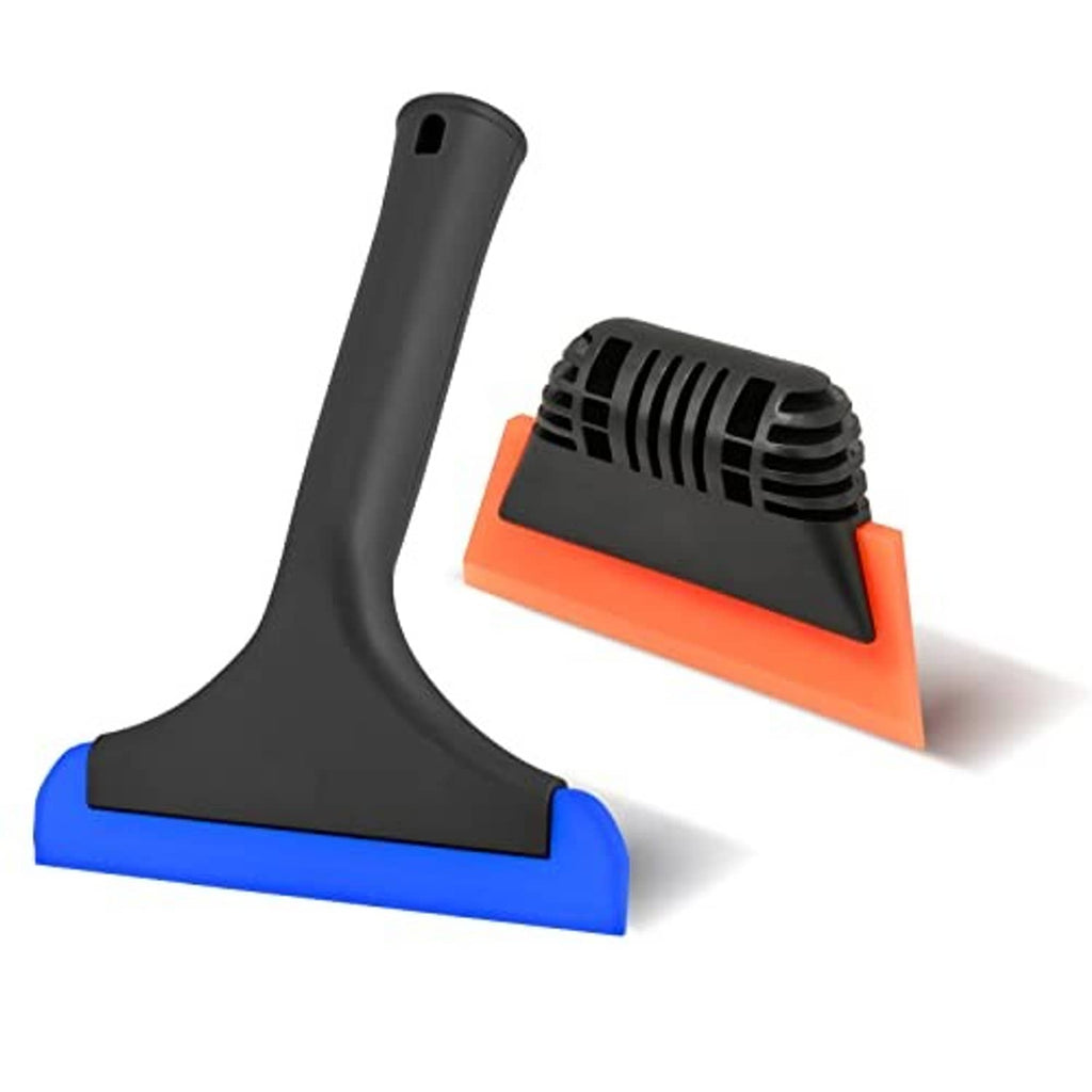 Small squeegee tool with orange scraper head, black housing, and blue blade edge