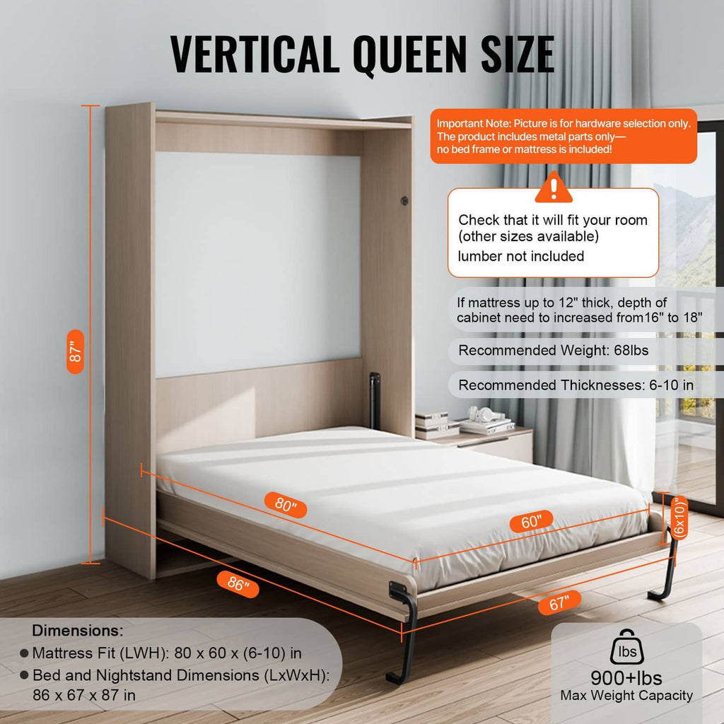 Vertical queen Murphy bed frame with mattress platform and fold-down support legs