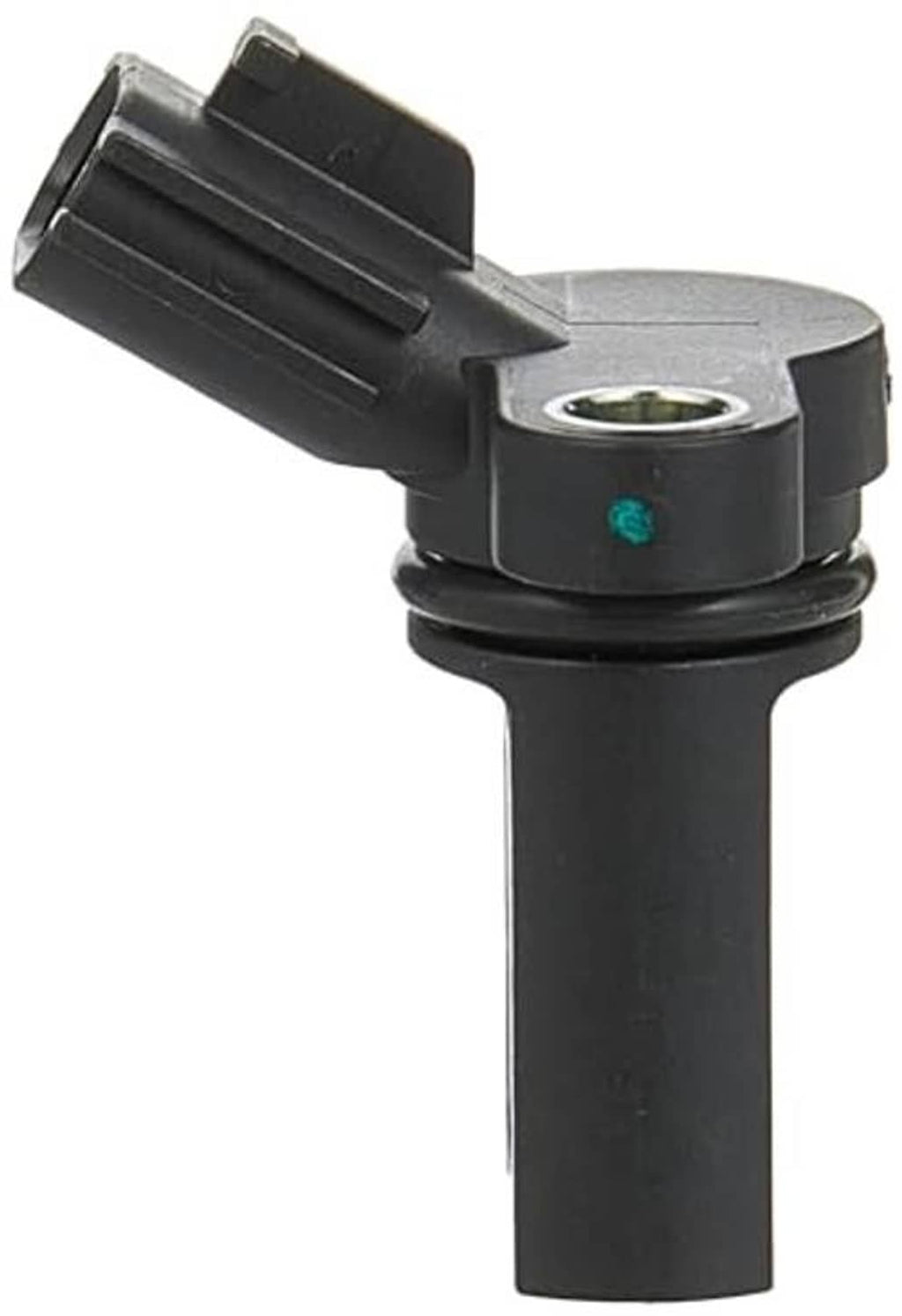 Camshaft position sensor with black housing, metal connector ring and green dot
