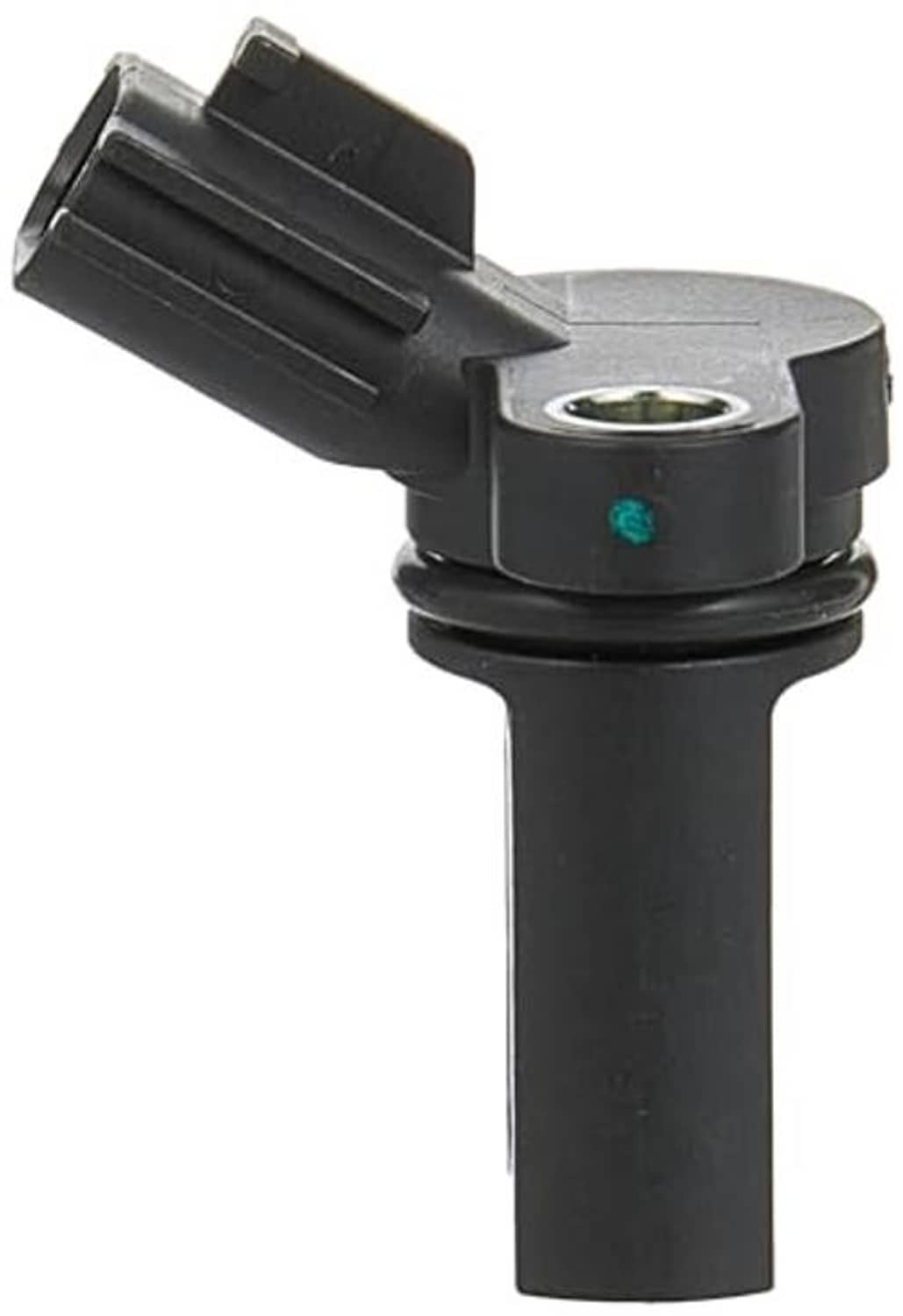 Camshaft position sensor with black housing, metal connector ring and green dot