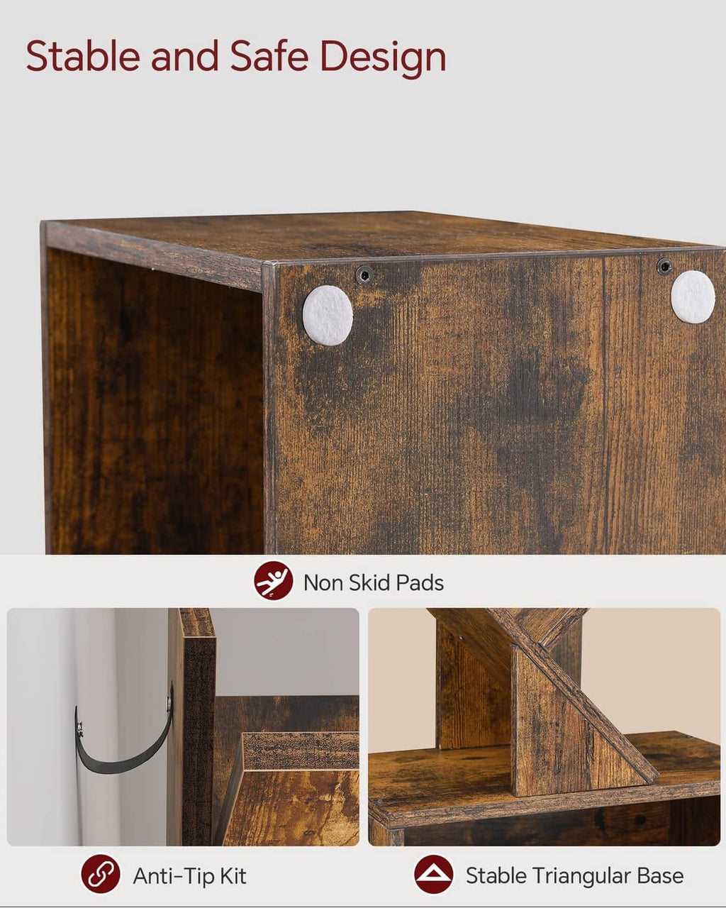 Brown bookshelf top corner with round anti-slip pads and anti-tip feature details