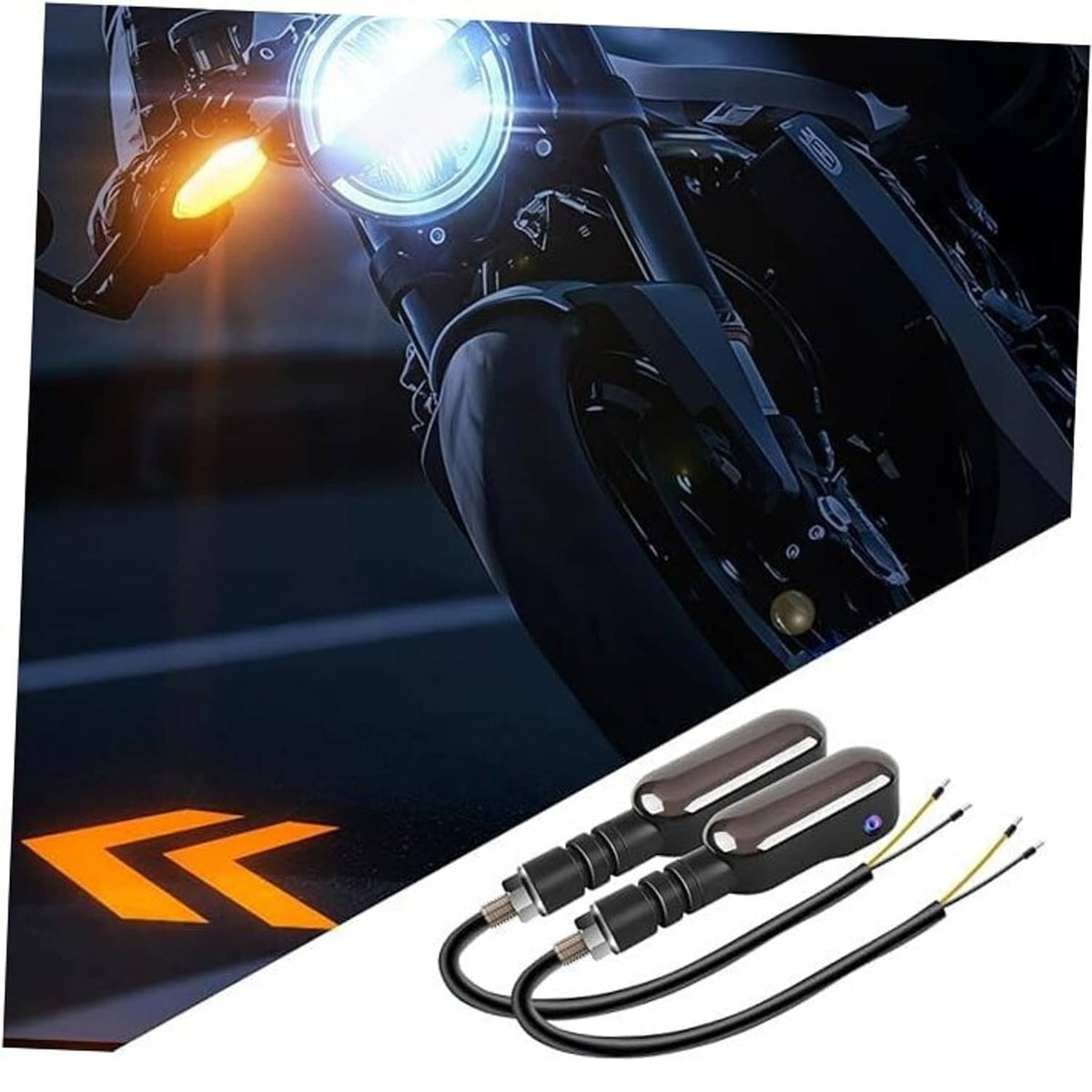 Black oval LED motorcycle turn signal projector lights with attached wiring harness