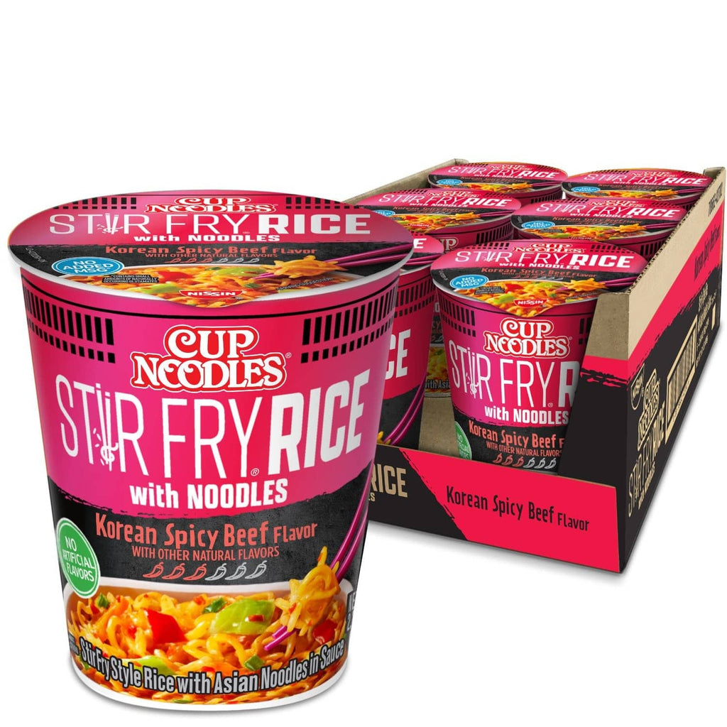 Nissin Cup Noodles Stir Fry Rice cup and six-pack box, spicy Korean beef flavor