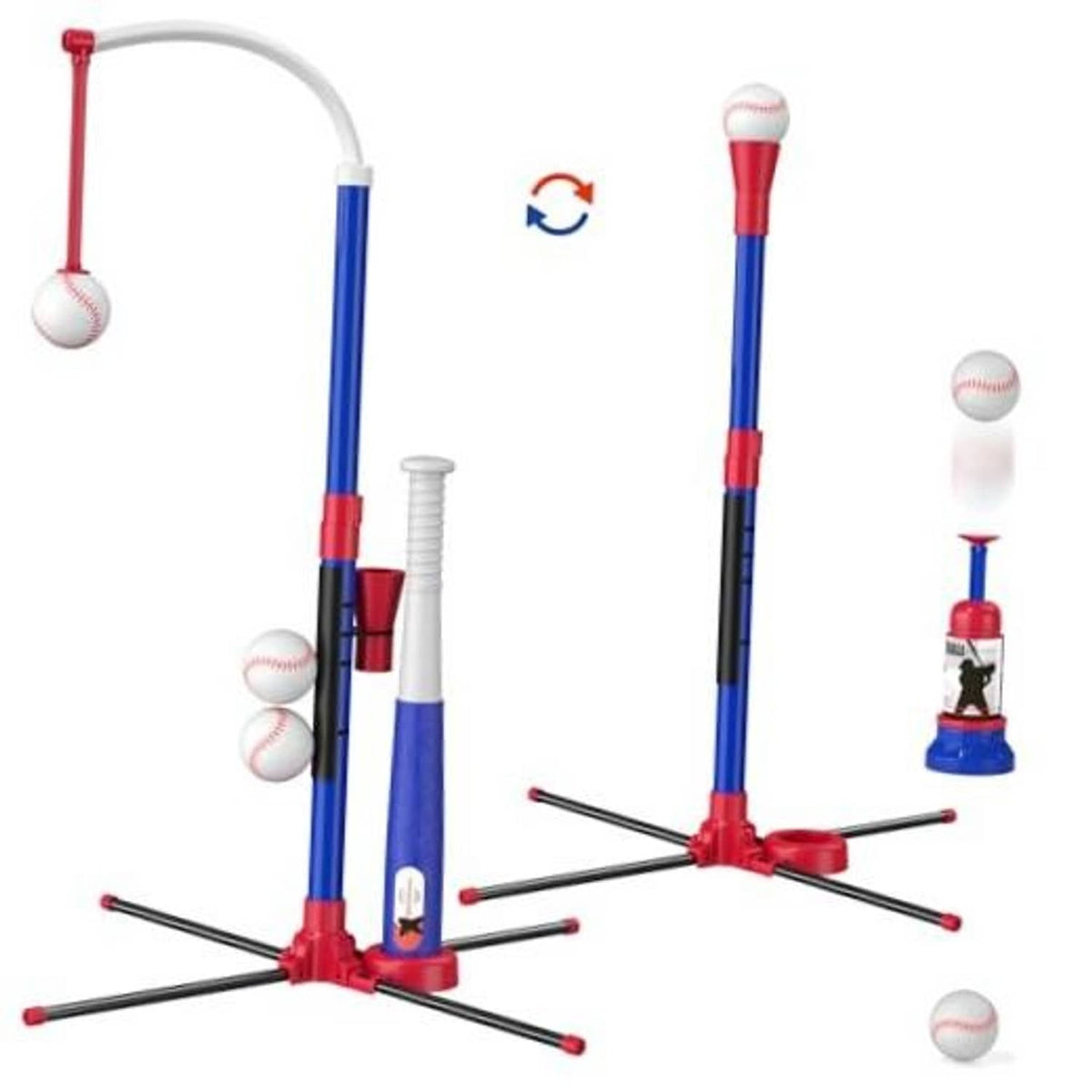 Kids baseball tee set: blue/red stand with hanging tee and 3 baseballs