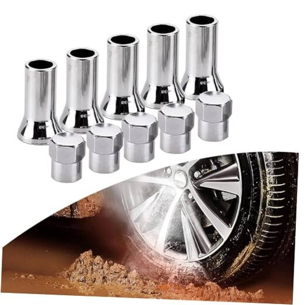 Silver chrome tire valve stem sleeve and cap set with hex caps, 10-pack