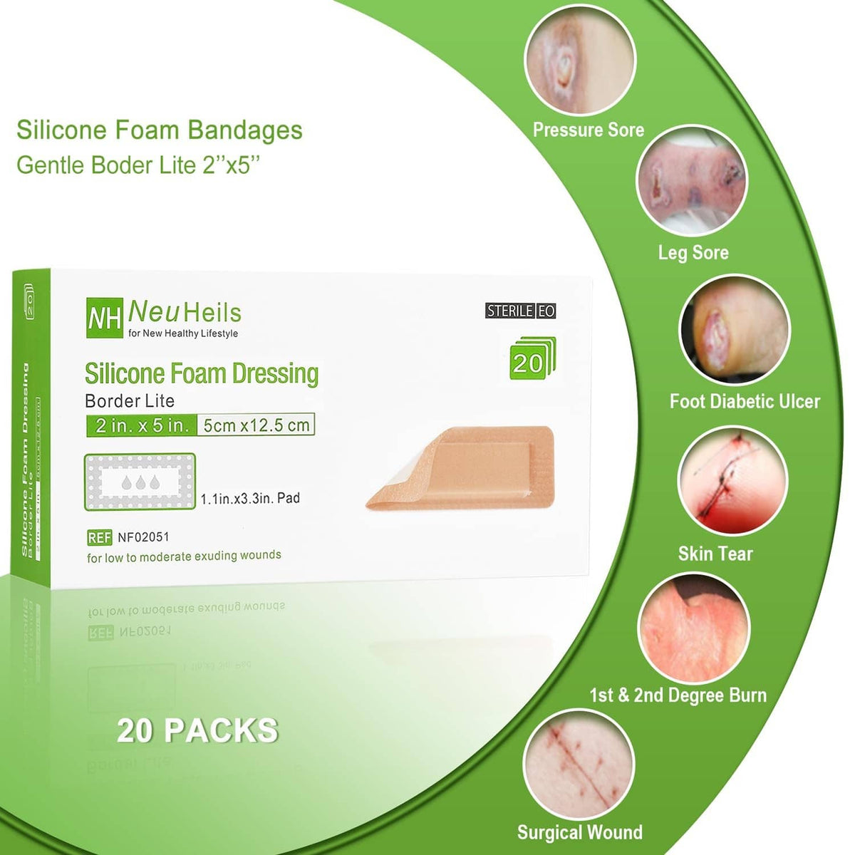 Tan silicone foam border lite dressing pack with sterile dressing shown