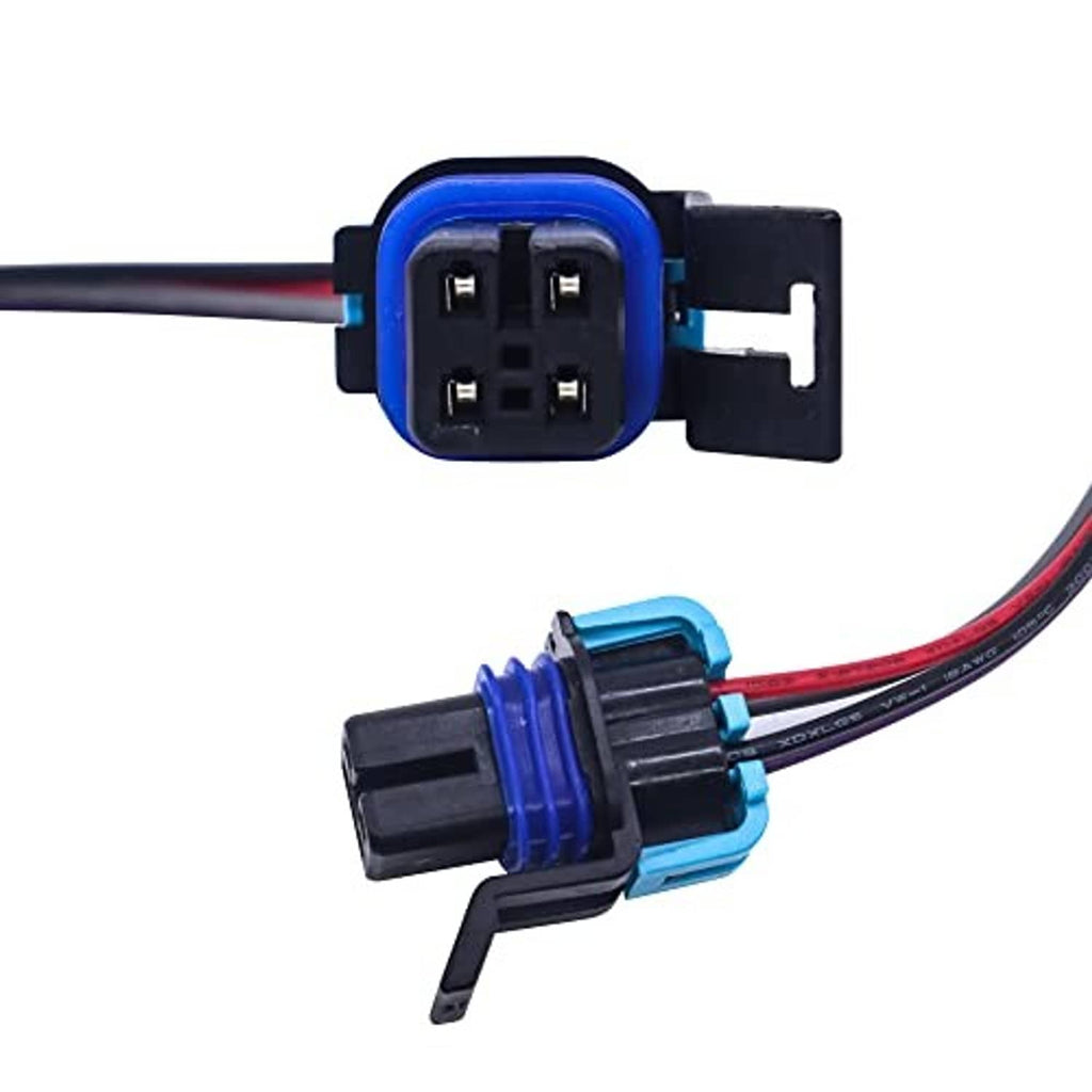4-way female socket and inline connector with blue accents and multicolor wire leads
