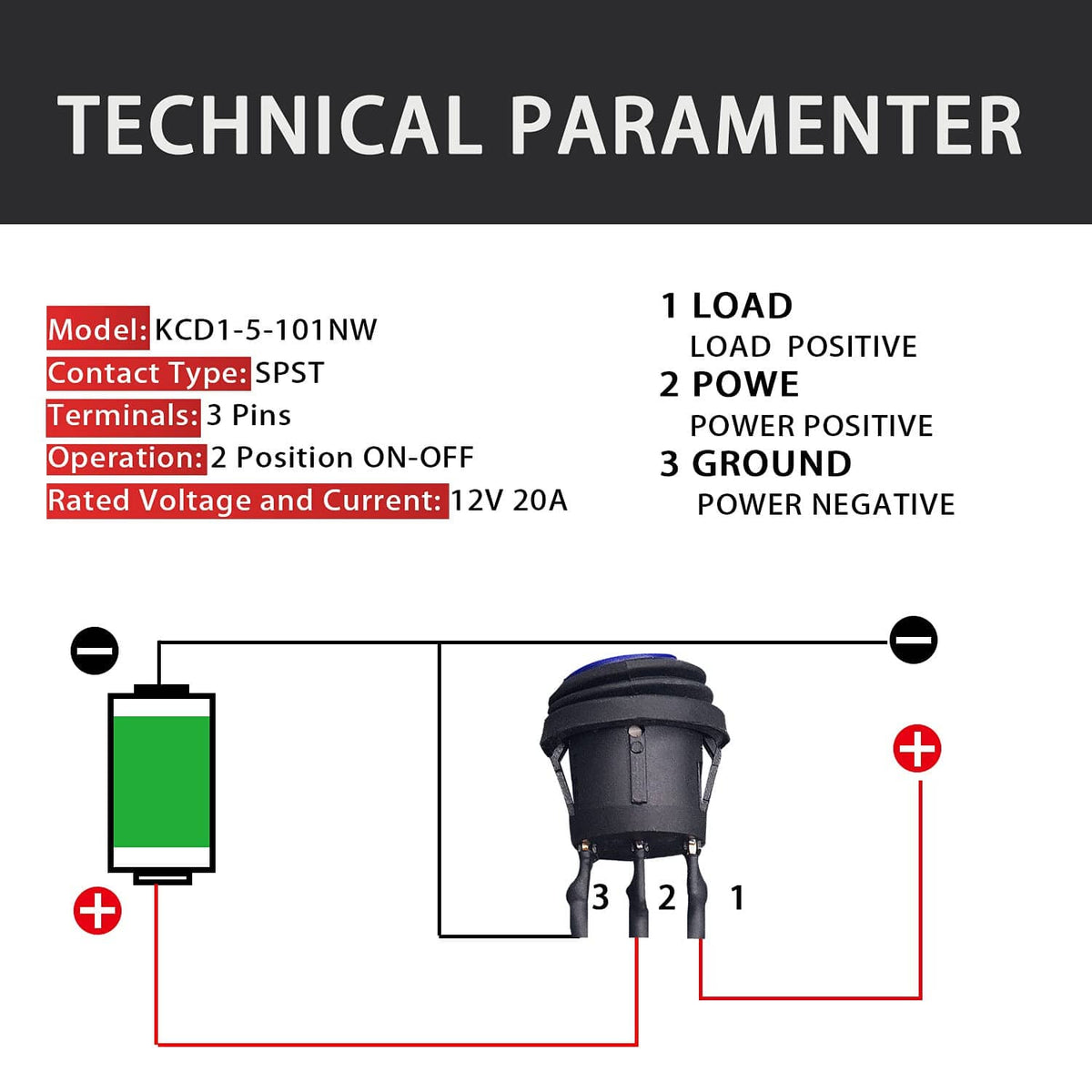 3-pin SPST rocker toggle switch with blue LED and wiring terminals for on/off