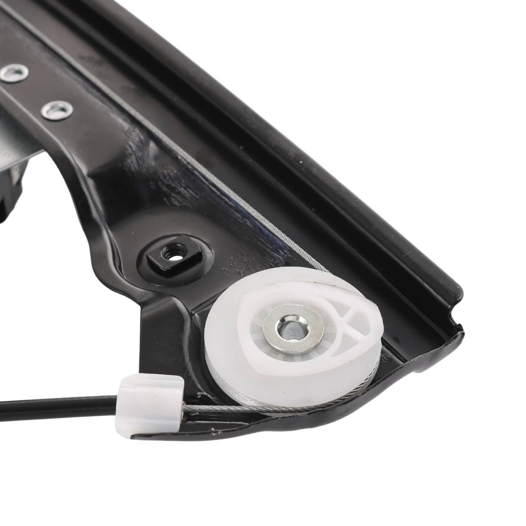 Close-up of window regulator pulley/roller and white mounting clip on black track