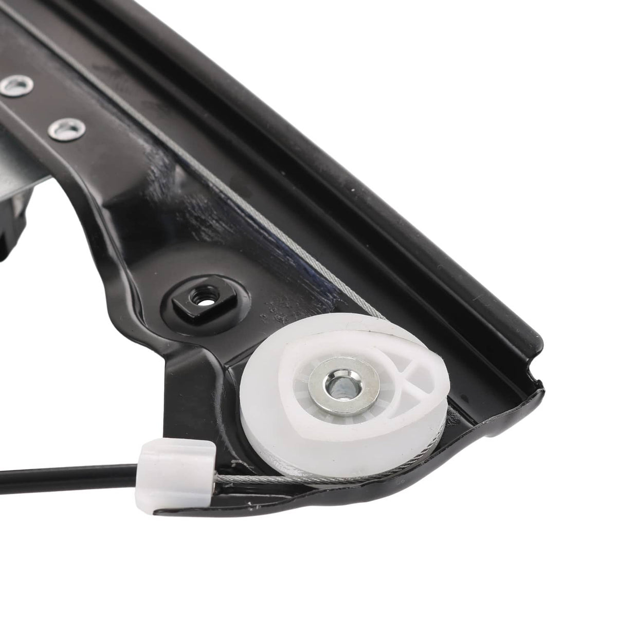 Close-up of window regulator pulley/roller and white mounting clip on black track