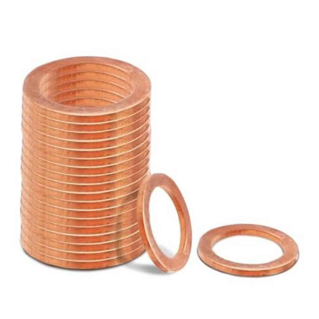 Set of copper oil drain plug crush washers, round with center hole, 14mm size