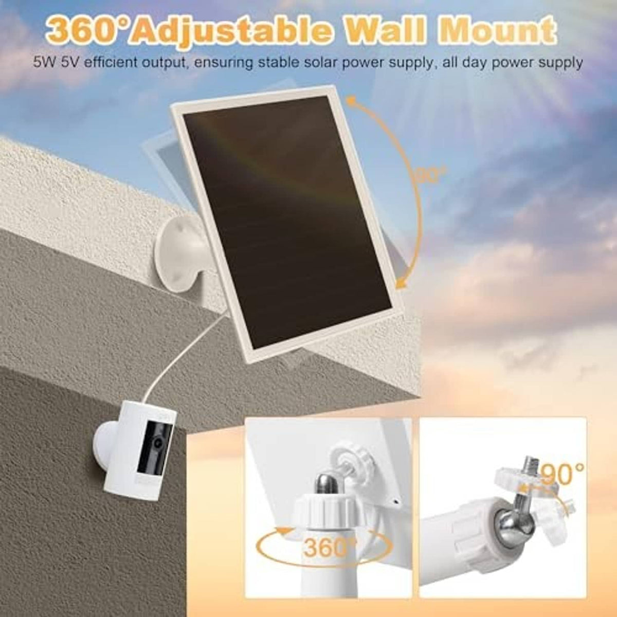 360° adjustable wall mount solar panel charger with white bracket and black photovoltaic panel