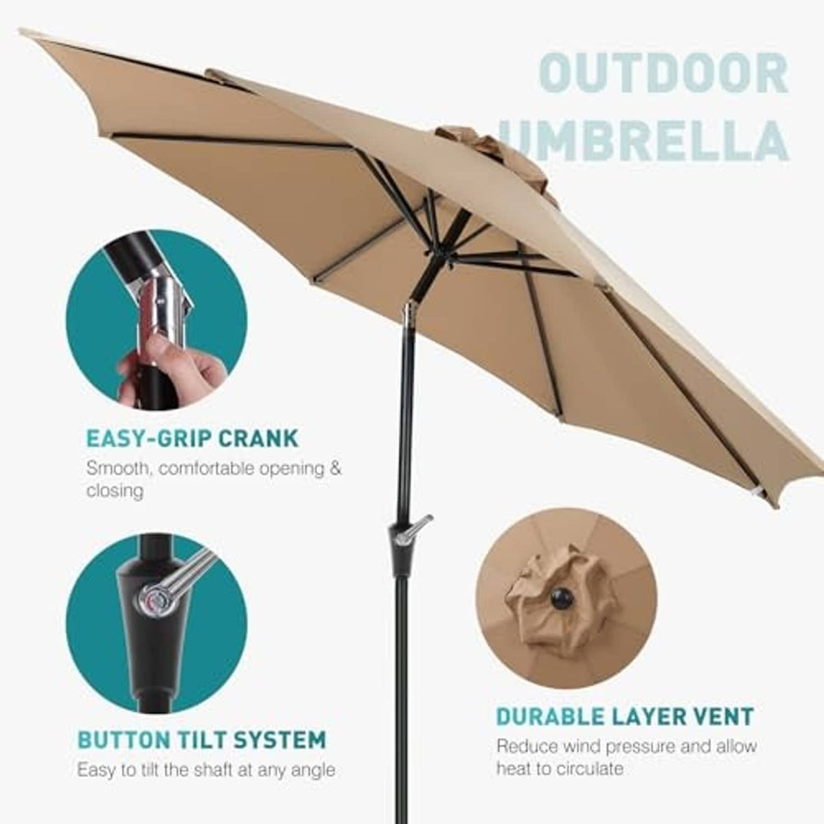 Tan outdoor umbrella canopy with crank base and tilt pole; close-up detail of control