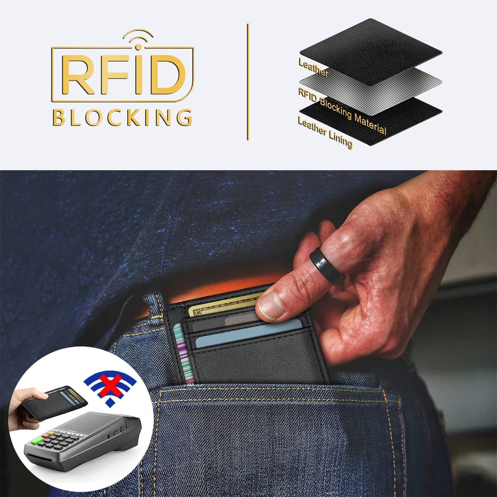 Slim black leather front-pocket wallet with RFID-blocking protective lining