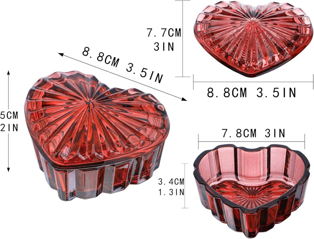 Heart-shaped crystal jewelry box size view, red faceted glass lid