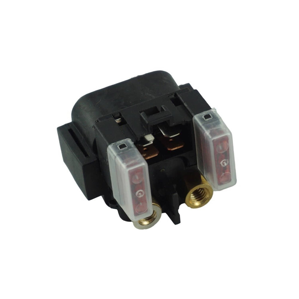 Starter solenoid relay showing three contact pins and two brass terminals