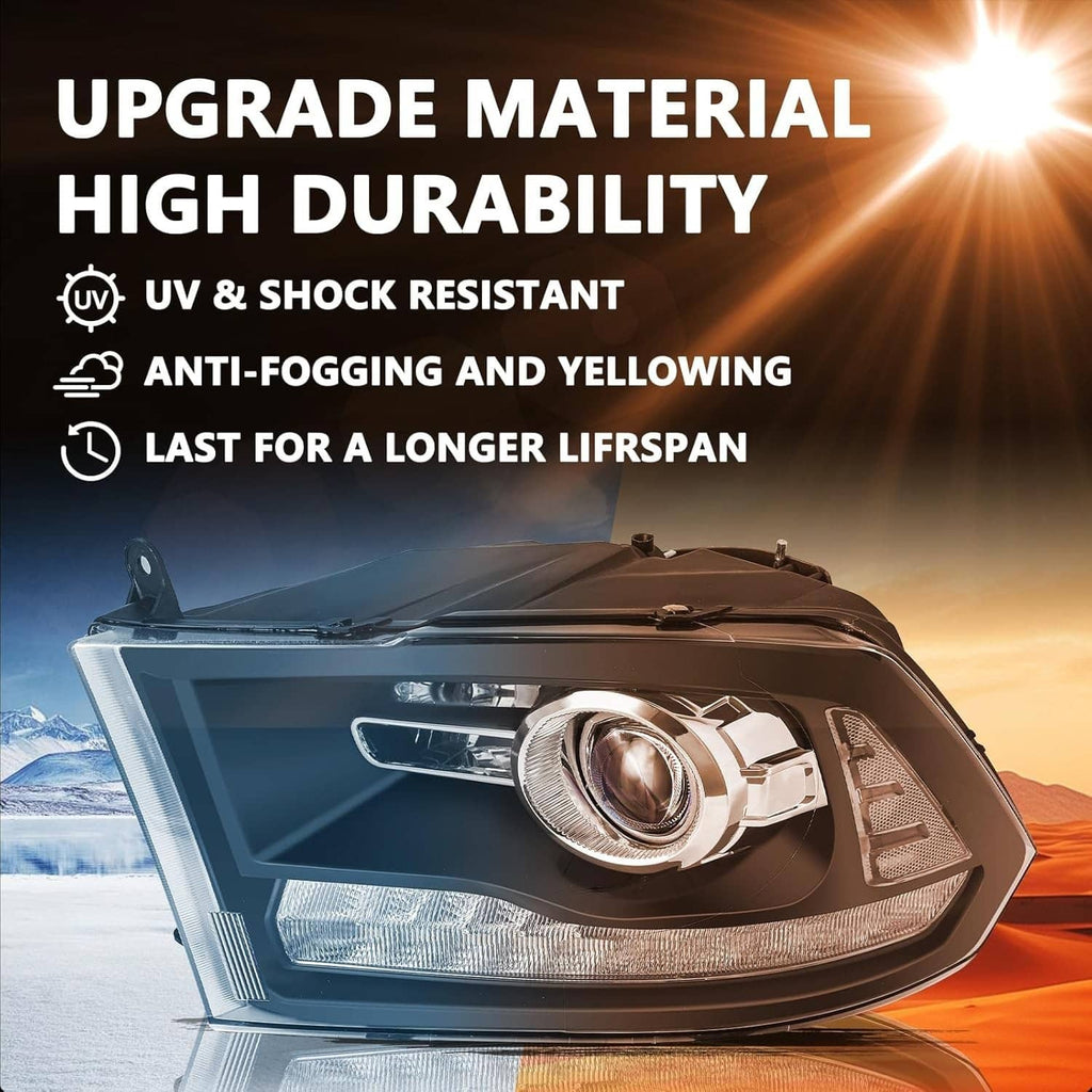 Black projector headlight with chrome lens and amber turn signal reflector