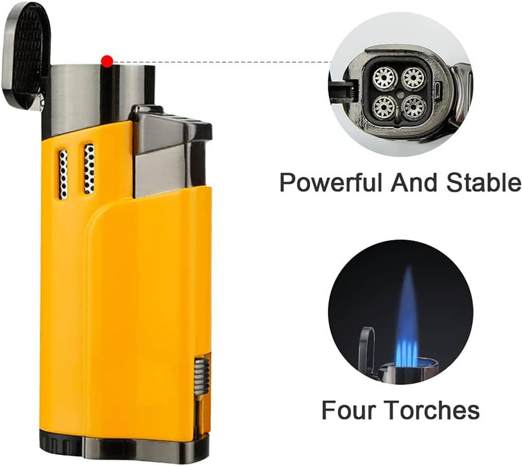 Yellow torch lighter with blue flame; nozzle area with circular holes close-up