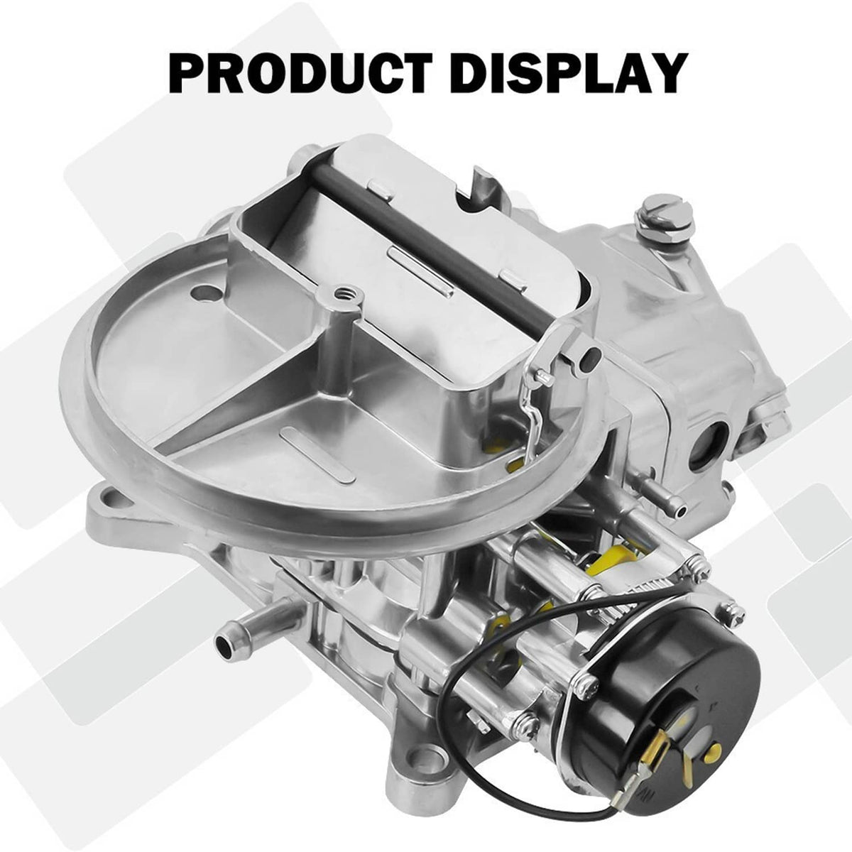 2-barrel electric-choke carburetor side view with wiring and metal intake openings